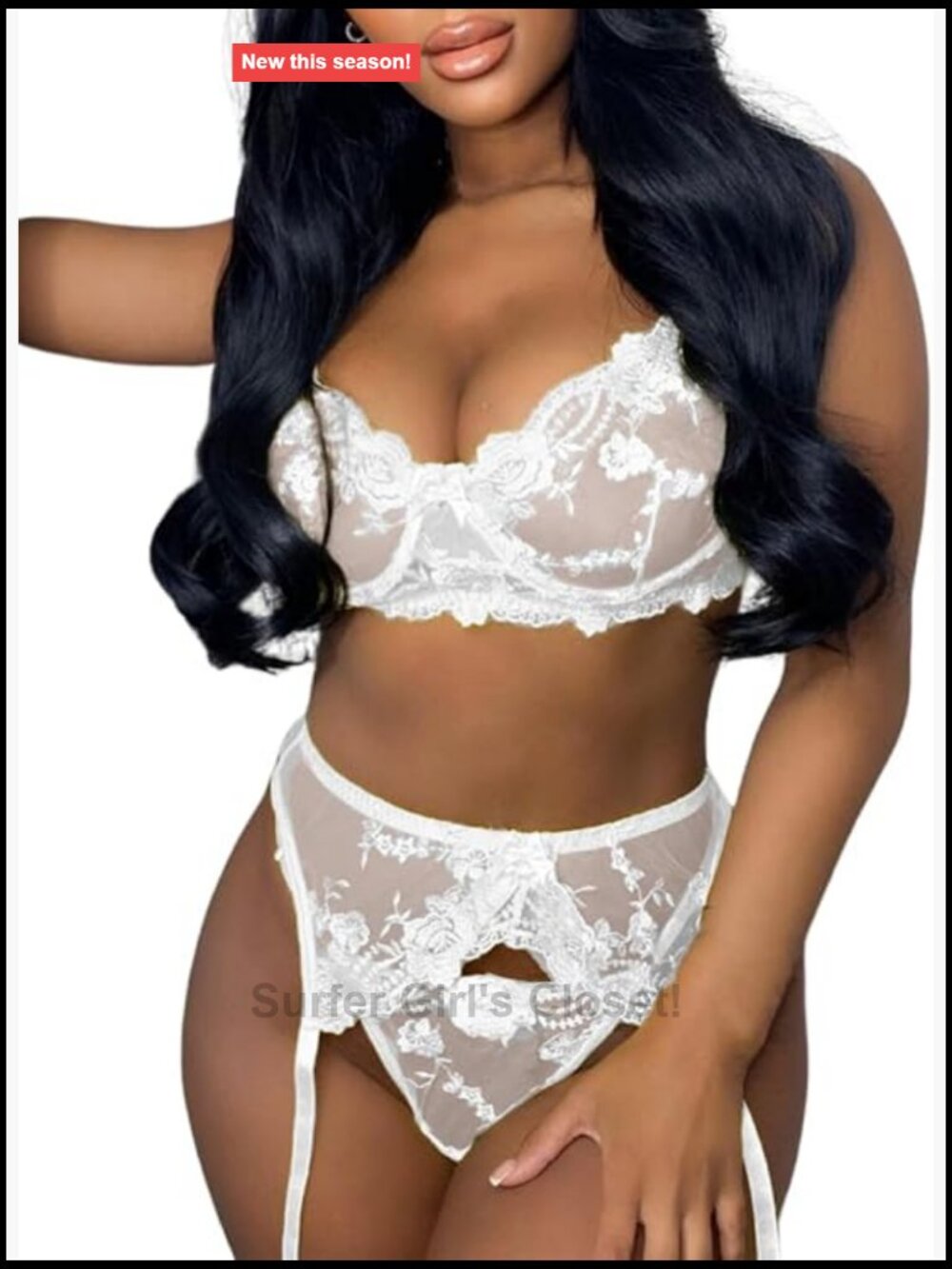 Floral Embroidered Mesh Sheer Underwire Lingerie Set with Garter Belt High Cut
